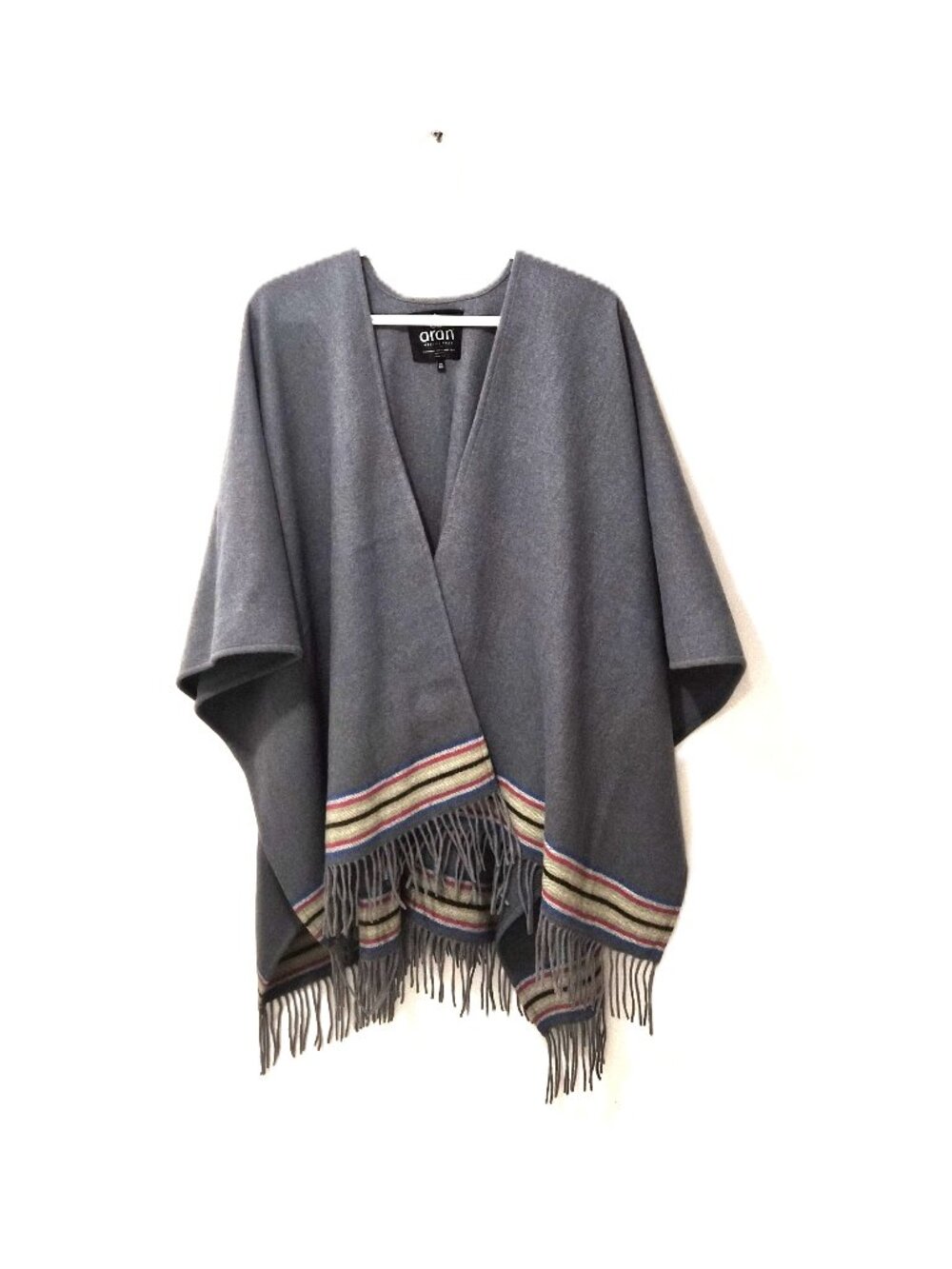 Aran Ireland 100% Wool Tweed Striped Fringed Poncho Ruana Equestrian Western Boh
